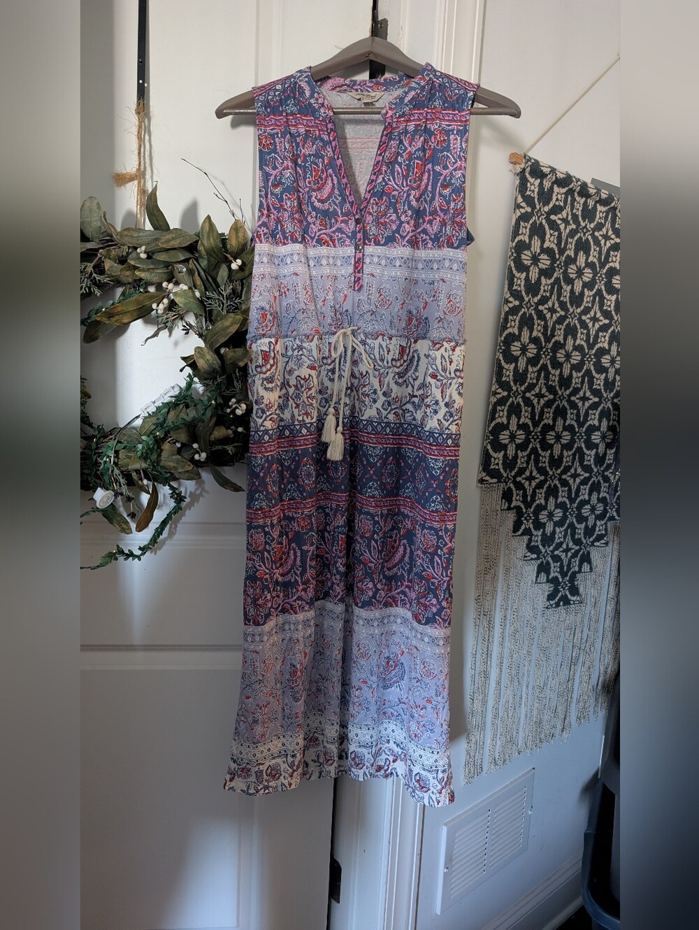 Lucky Brand Bohemian Midi Dress Tassel Tie Boho Print Lightweight Size Small